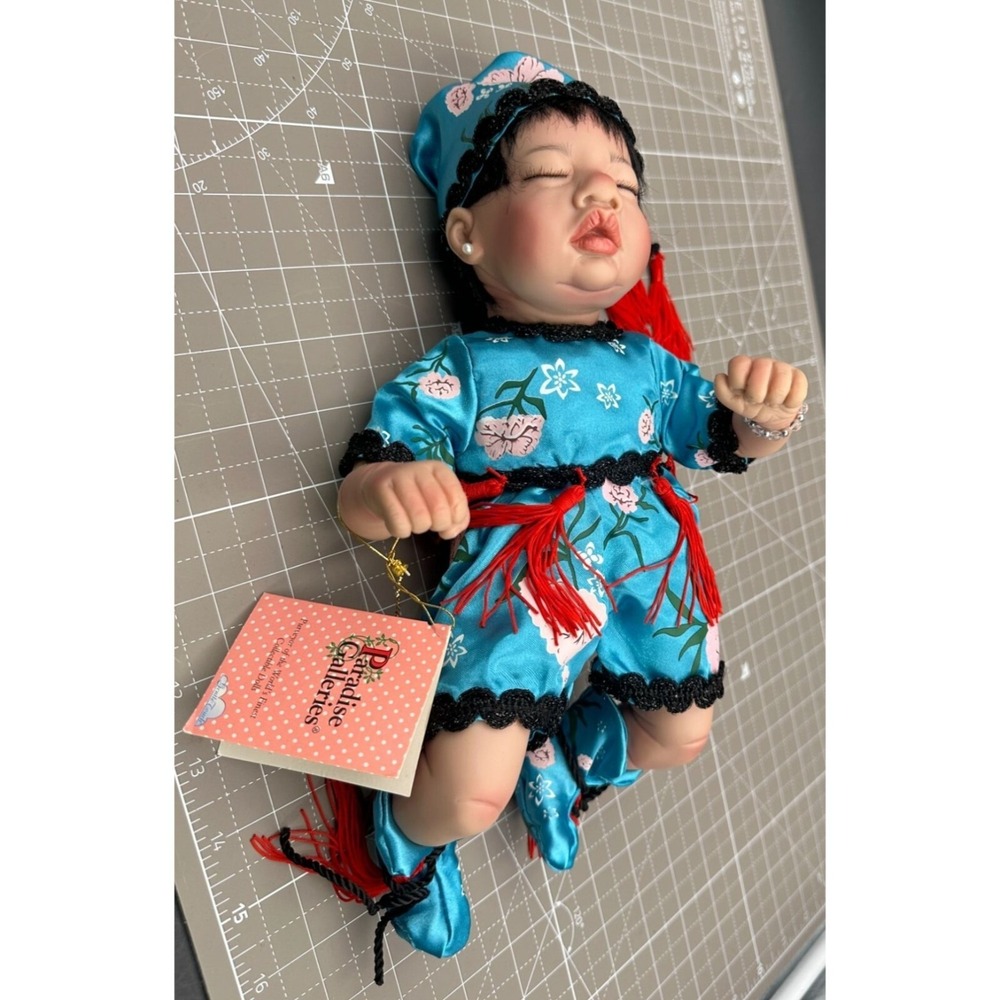 Paradise Galleries Retired Asian Newborn Doll Light Blue Outfit Black Hair